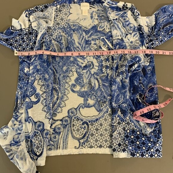 Chicos Womens Cardigan Sweater 1 M Paisley Blue White Waterfall Lightweight Boho - Picture 12 of 14